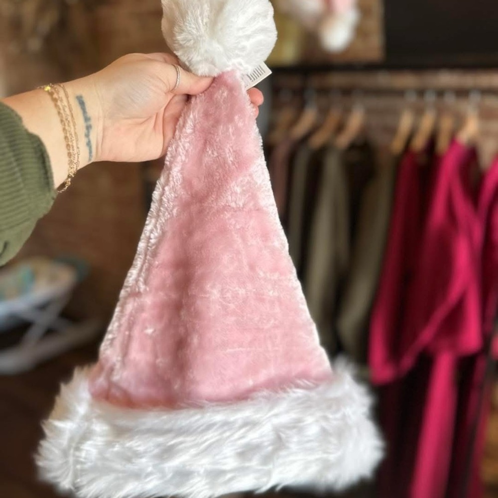 Plush Pink Faux Fur Holiday Hat with White Trim